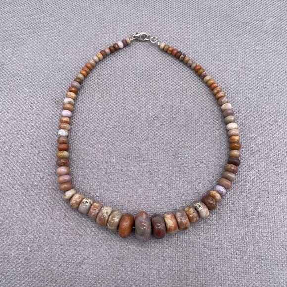 925 Sterling Silver Graduated Jasper Bead Necklace 17 Inch - Picture 2 of 8